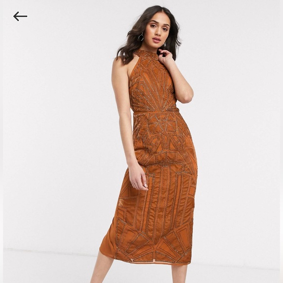 ASOS Dresses & Skirts - ASOS Design Women’s Embellished Beaded MIDI Dress Velvet High Neck Rust Orange 8